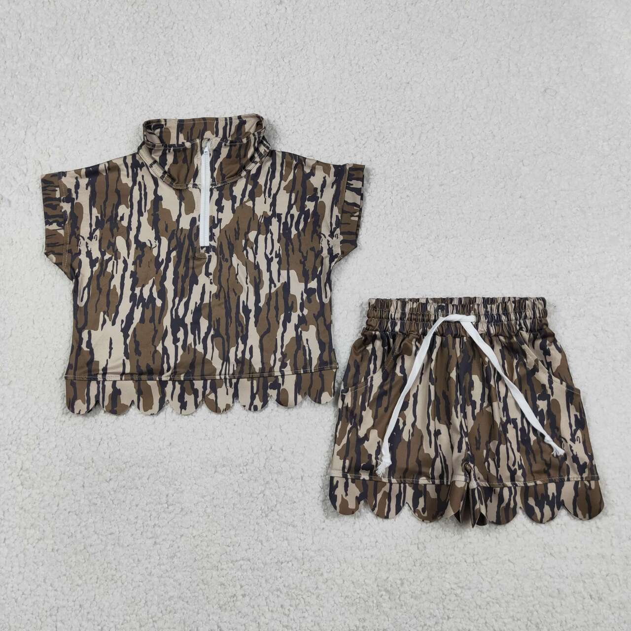 GSSO3563 Camo Zipper Top Pockets Shorts Girls Summer Scallop Clothes Set