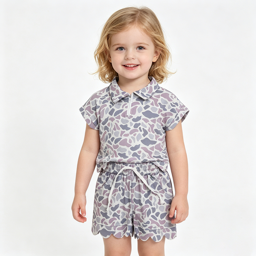 3 Colors Camo Zipper Top Pockets Shorts Girls Summer Scallop Clothes Set Sisters Wear