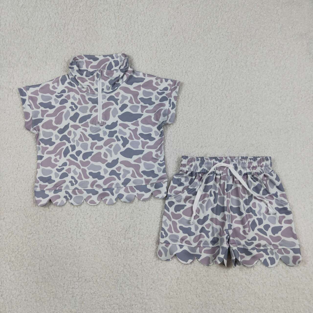 2 Colors Camo Zipper Top Pockets Shorts Girls Summer Scallop Clothes Set Sisters Wear