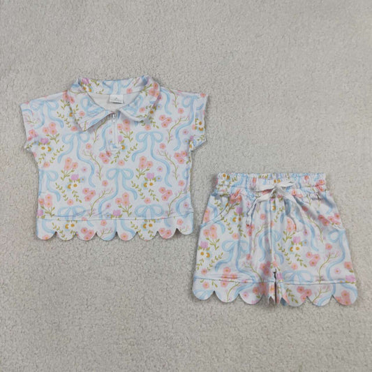 GSSO3575 Flowers Bows Zipper Top Pockets Shorts Girls Summer Scallop Clothes Set