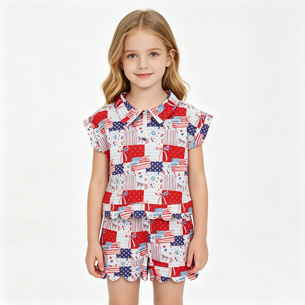 Bows Flags Scallop 4th of July Yoga Dress & Zipper Outfits Sisters Matching Wear