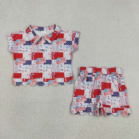 GSSO3599 Flag Bows Plaid Zipper Top Pockets Shorts Girls 4th of July Scallop Clothes Set