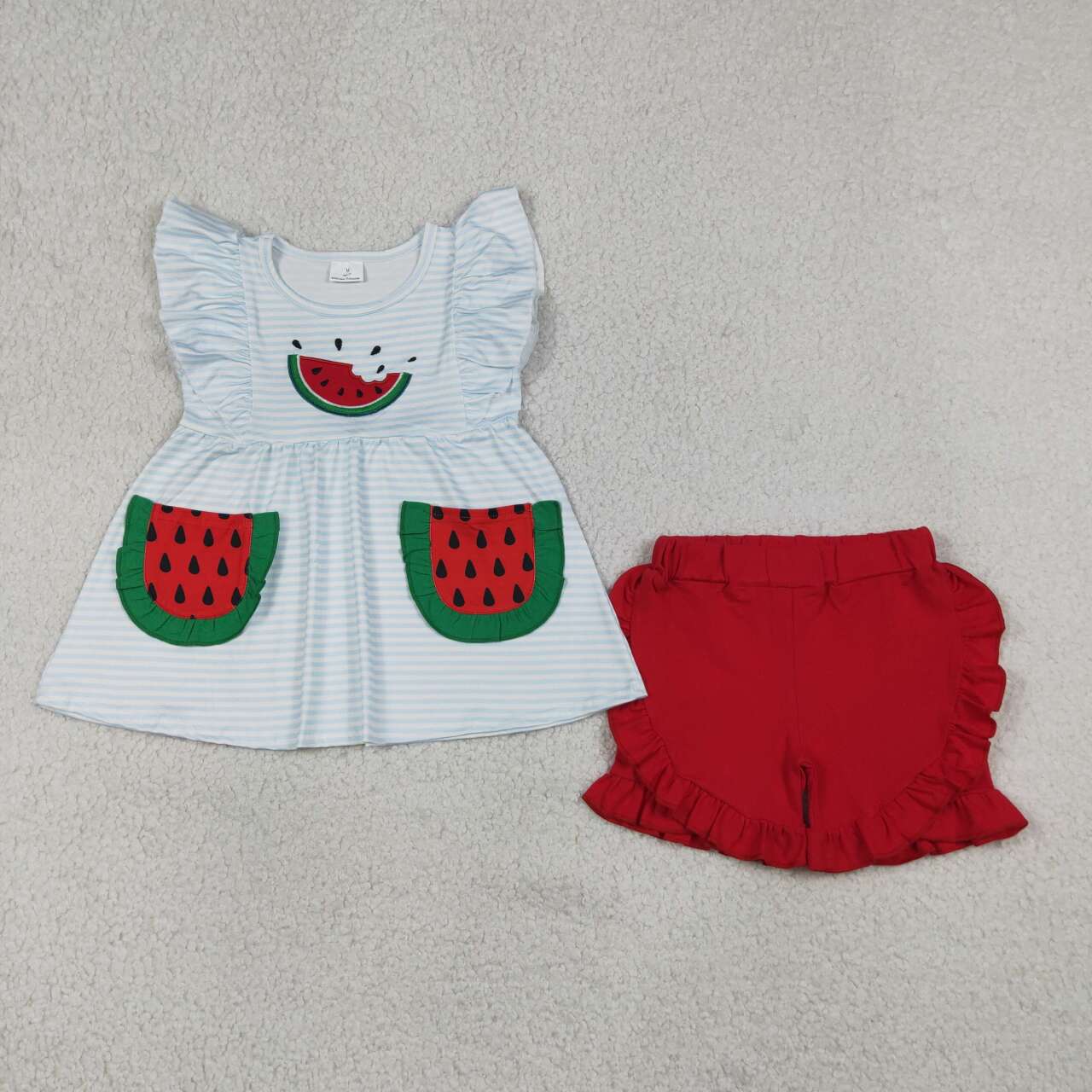 Watermelon Embroidery Blue Stripes Baby Girls Pockets Romper Outfits Sisters Summer Wear