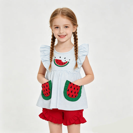 GSSO3636 Watermelon Embroidery Stripes Pockets Tunic Top Red Shorts Girls Summer Clothes Set