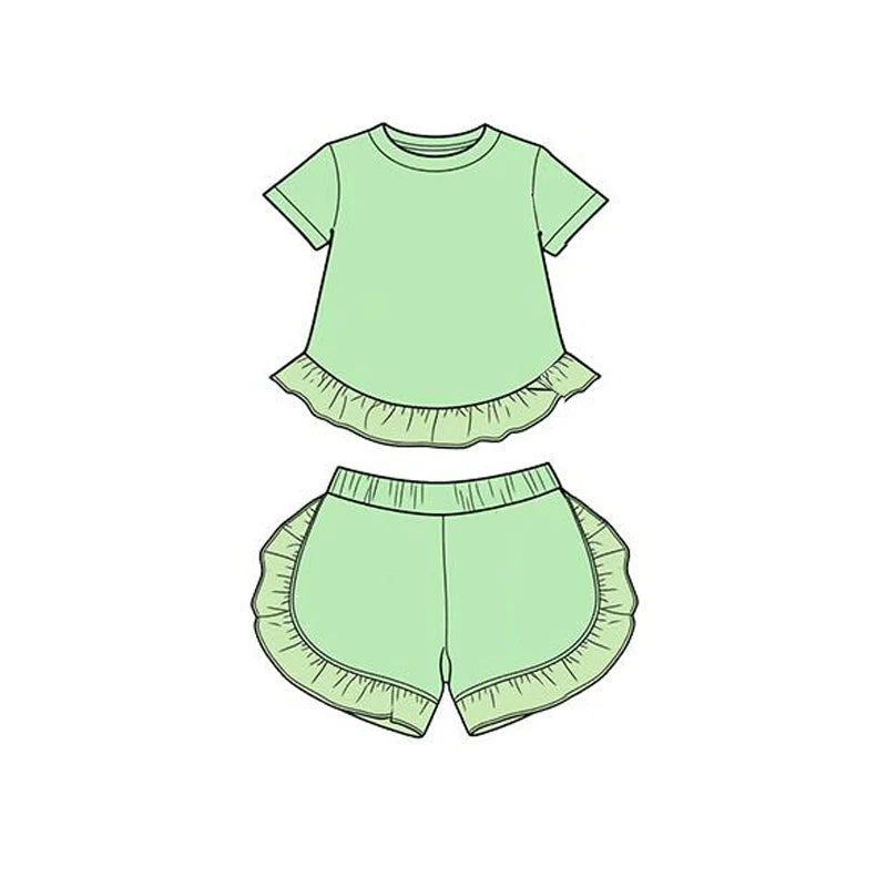 3.26 Baby Girls Green Short Sleeve Shirt Top Ruffle Short Clothes Set Preorder