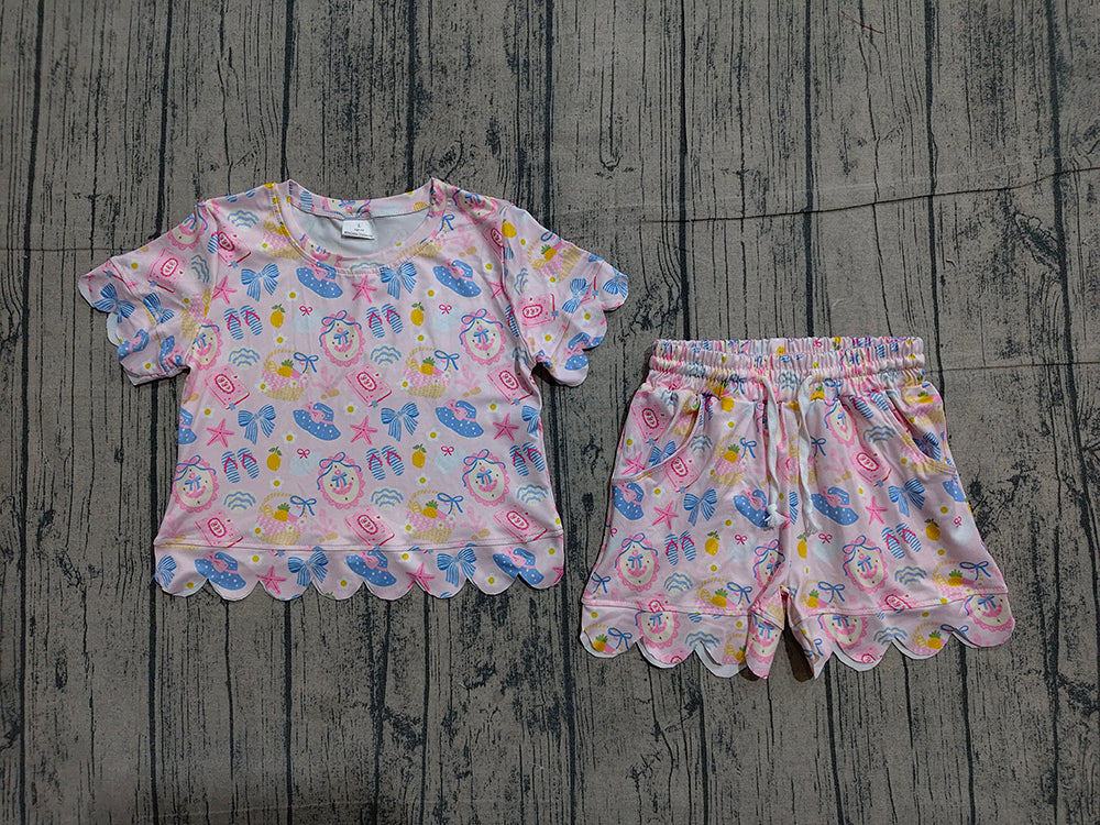 Girls’ Pink Scallop Short Sleeve Top & Shorts Set – Fruit Basket, Anchors & Summer Print