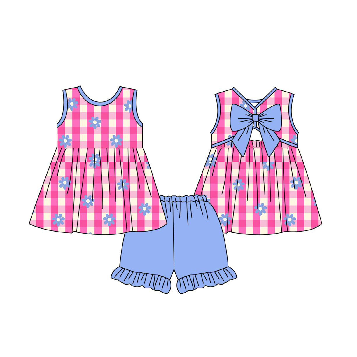 3.28 Baby Girl Pink Gingham Floral Sleeveless Bow Top & Ruffle Shorts Set
