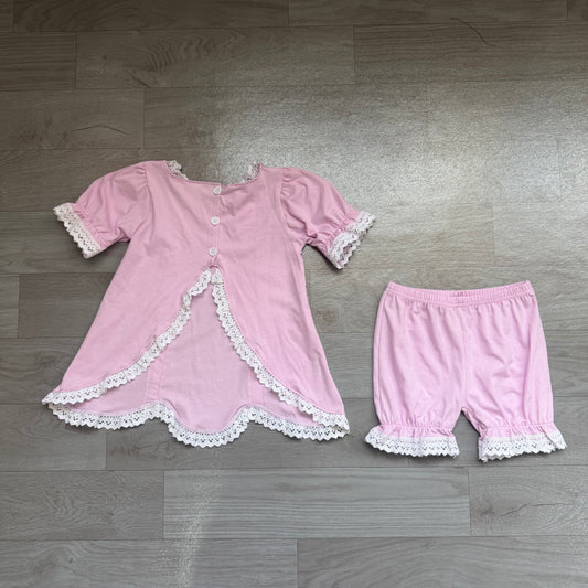 GSSO3681 Toddler Girls Lavender Lace Trim 2-Piece Outfit | Puff Sleeve Top & Bloomer Shorts Set