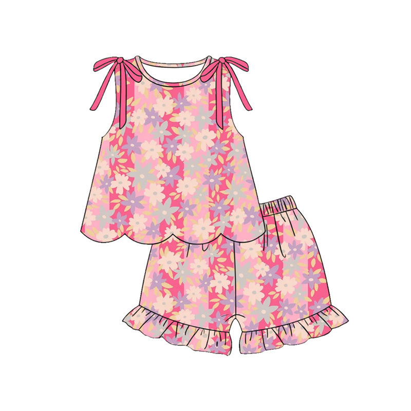 4.7 GSSO3707 Preorder Flowers Pink Scallop Top Shorts Girls Summer Clothes Set