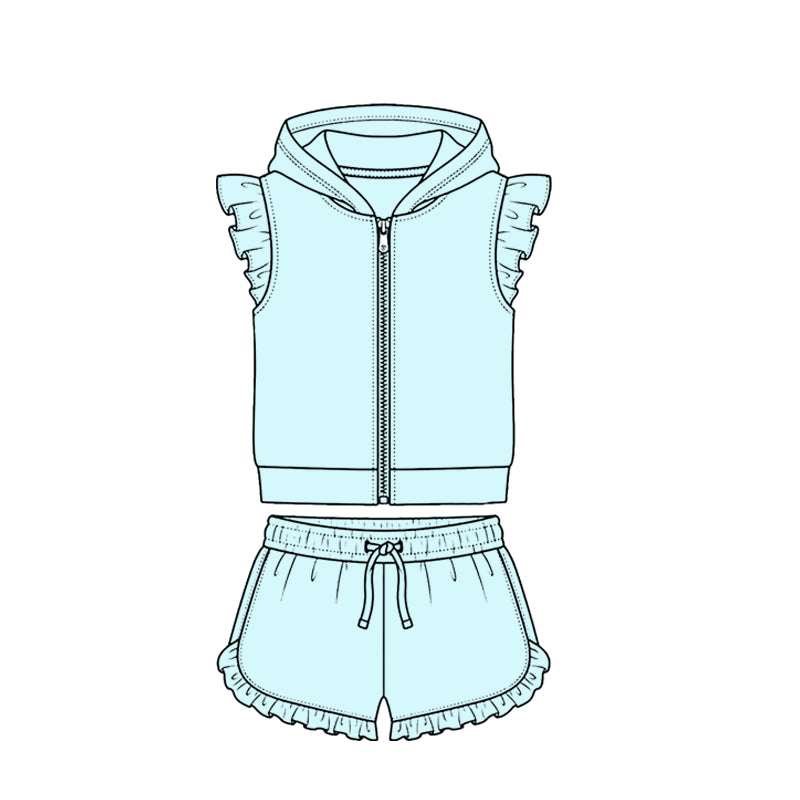 4.7 Light Green Solid Color Flutter Sleeve Hoodie Top with Shorts Outfit Preorder