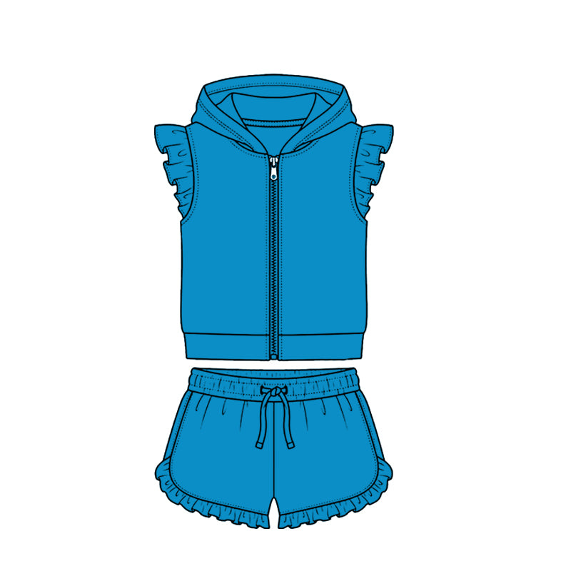 4.7 Bright Blue Solid Color Flutter Sleeve Hoodie Top with Shorts Outfit Preorder