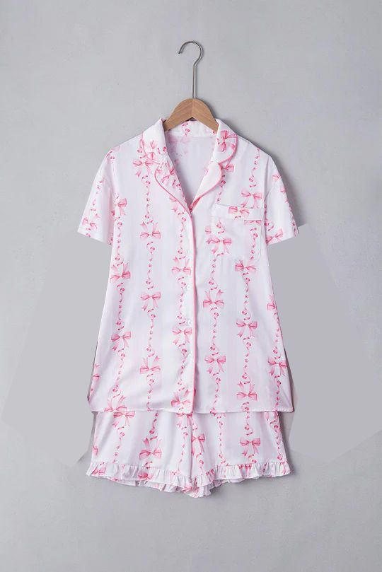 4.7 GSSO3726 Preorder Pink Bows Button Top Ruffle Shorts Girls Summer Pajamas Clothes Set