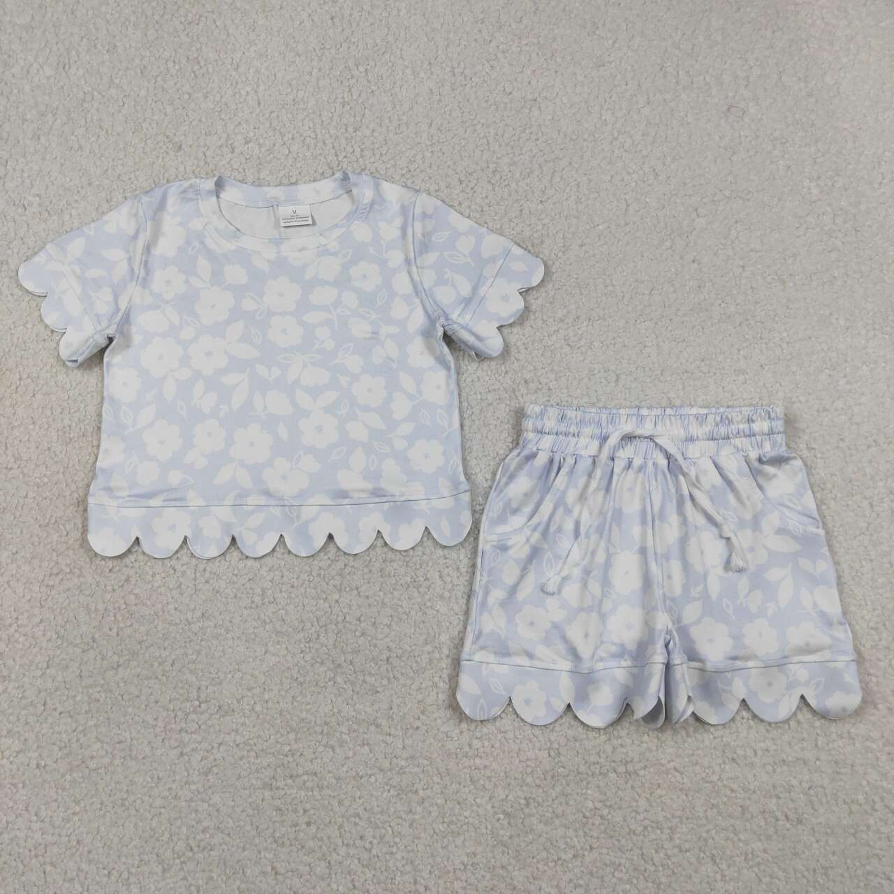 GSSO3730 Flowers Print Pockets Shorts Girls Summer Scallop Clothes Set