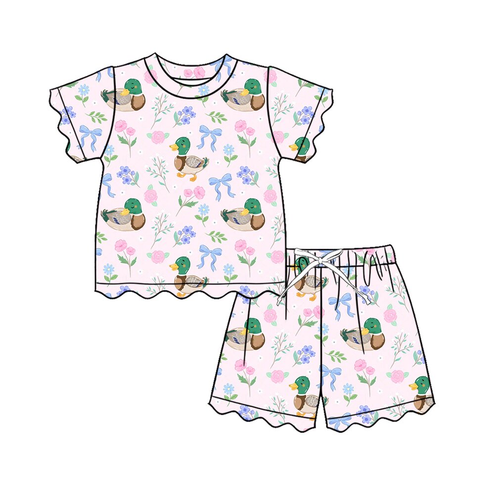 4.9 GSSO3737 Preorder Duck Flowers Bows Shorts Girls Summer Scallop Clothes Set