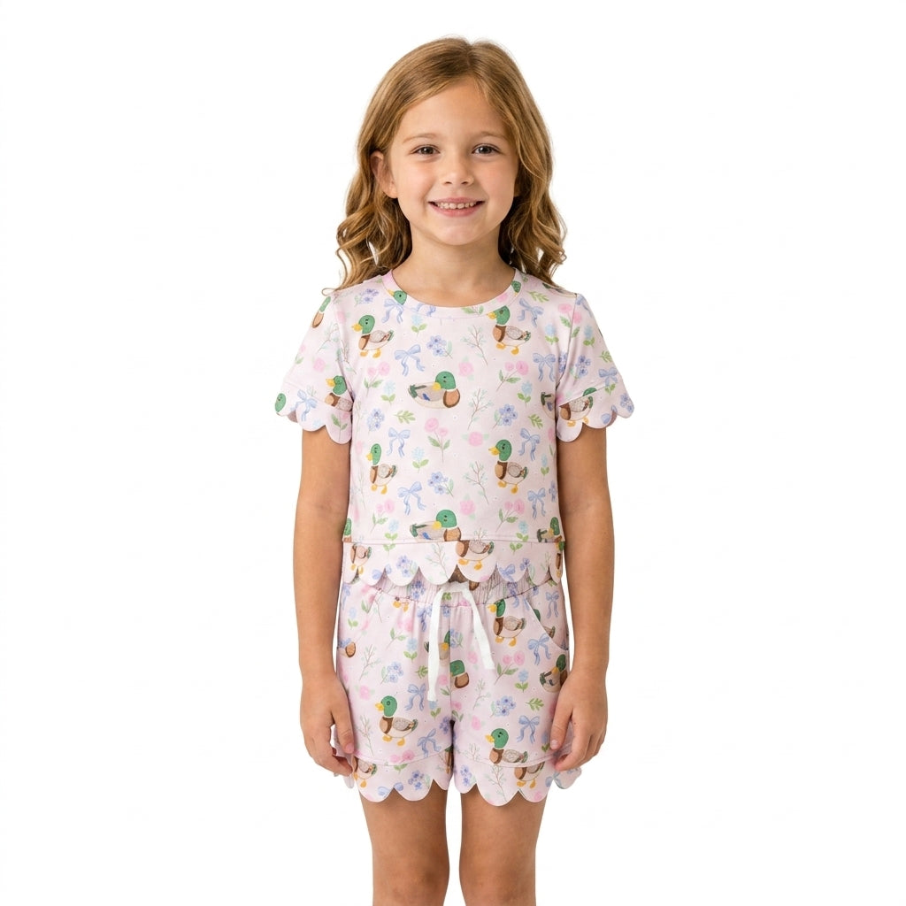 GSSO3737 Cute Mallard Duck Floral Scallop Edge Shorts Girls Summer Clothes Set
