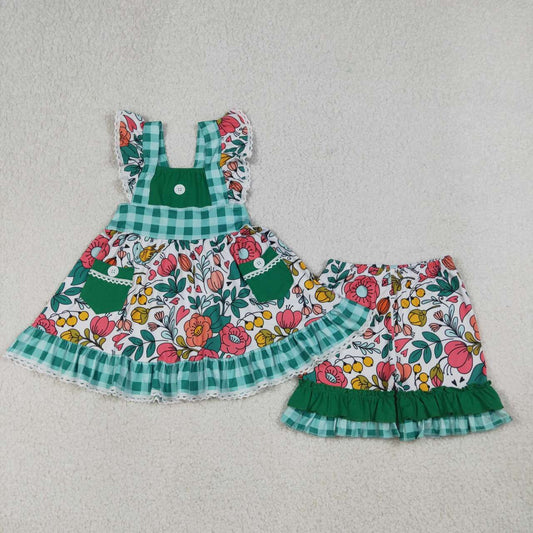 (Promotion)GSSO3738 Flowers Pockets Tunic Top Ruffle Shorts Girls Summer Clothes Set