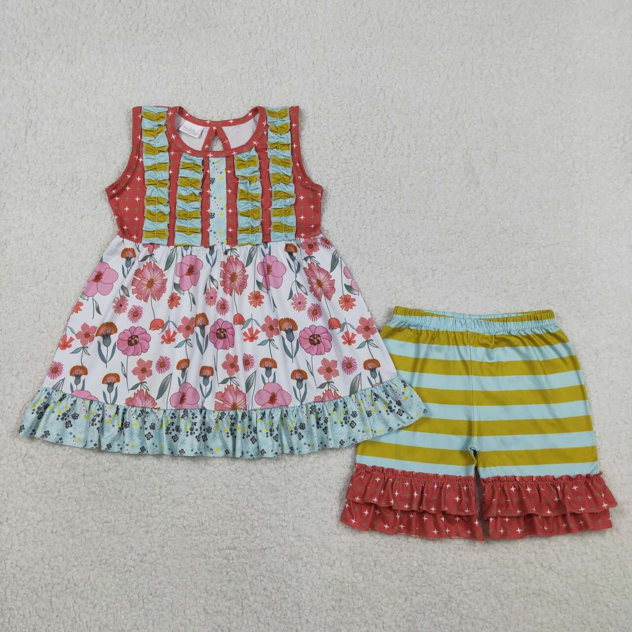 (Promotion)GSSO3740 Flowers Sleeveless Tunic Top Ruffle Shorts Girls Summer Clothes Set