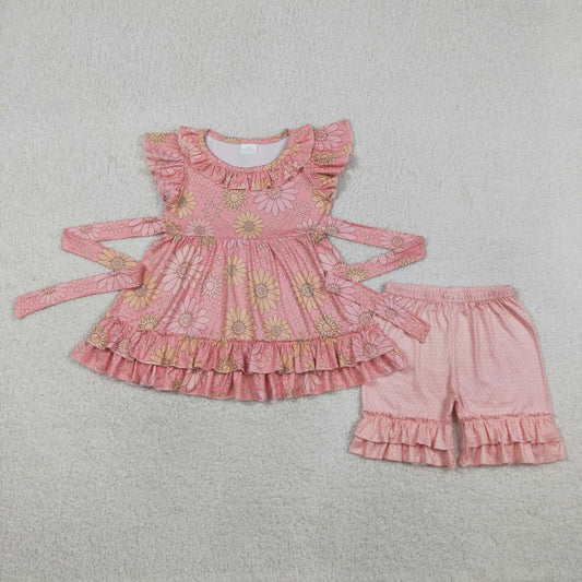 (Promotion)GSSO3741 Flowers Ruffle Tunic Top Dots Shorts Girls Summer Clothes Set