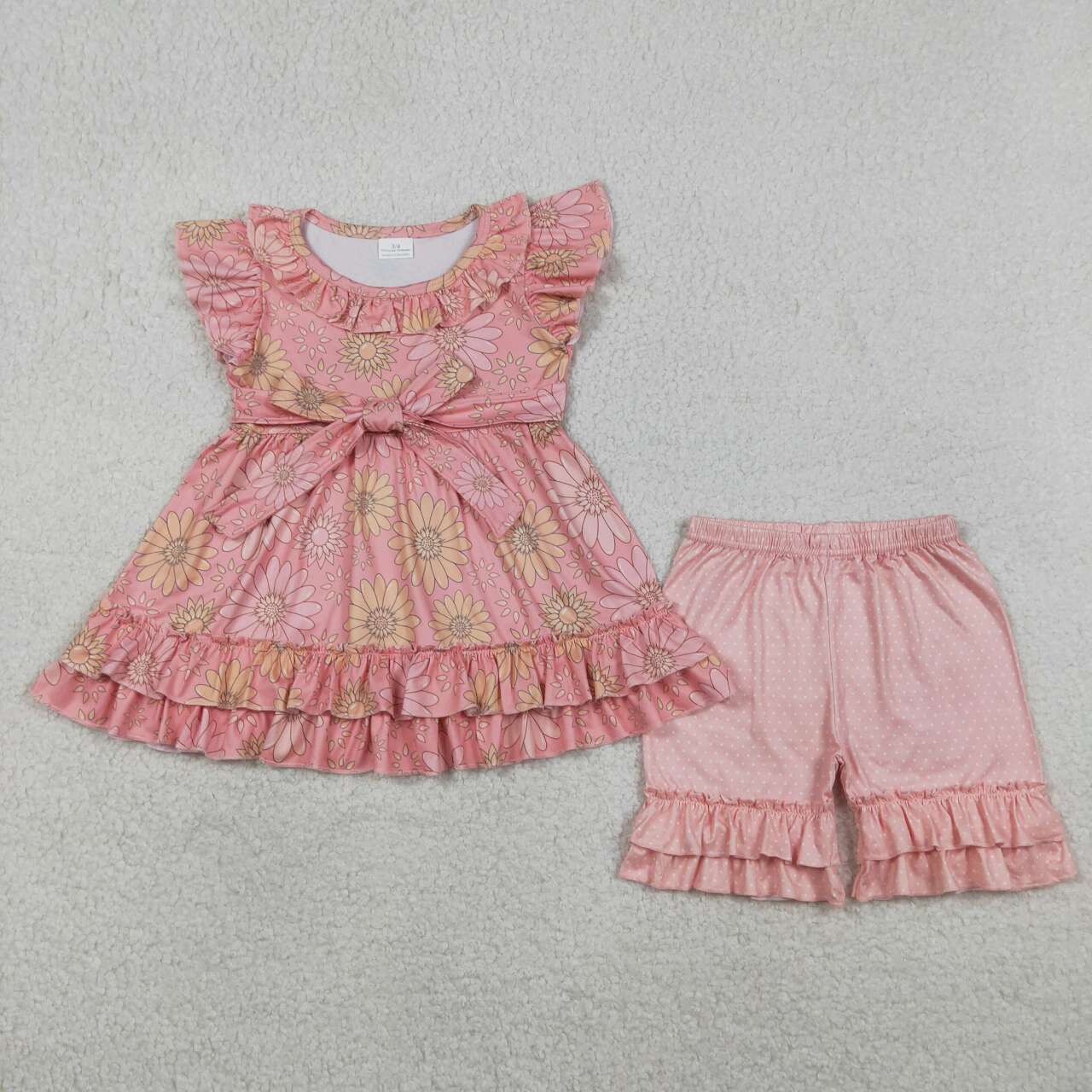 (Promotion)GSSO3741 Flowers Ruffle Tunic Top Dots Shorts Girls Summer Clothes Set