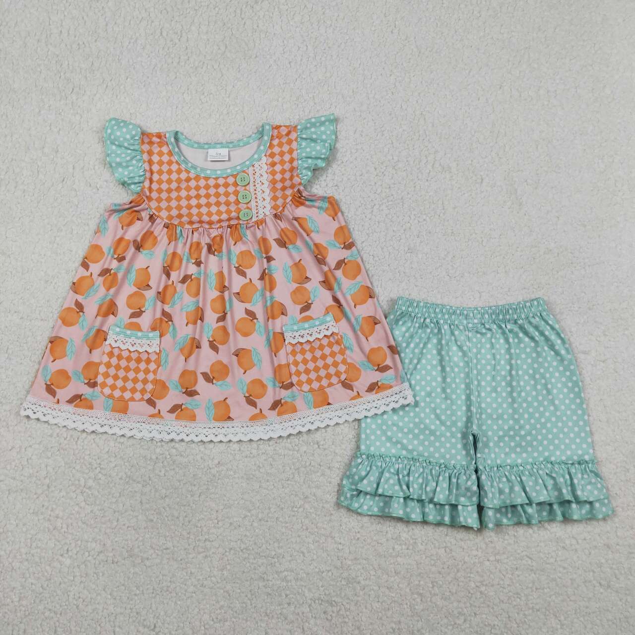 (Promotion)GSSO3742 Fruit Pockets Tunic Top Dots Shorts Girls Summer Clothes Set