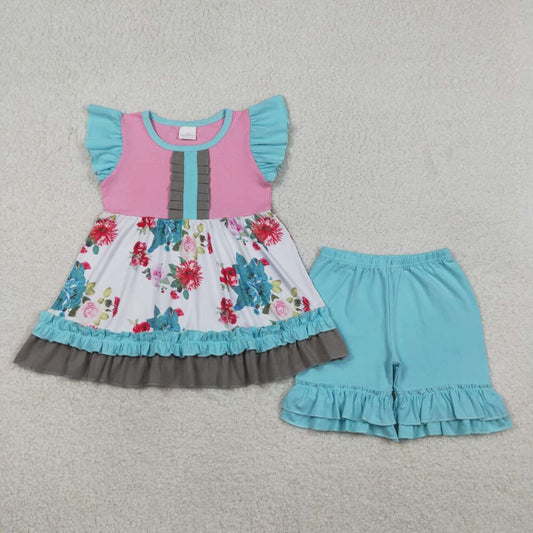 (Promotion)GSSO3744 Flowers Tunic Top Blue Shorts Girls Summer Clothes Set