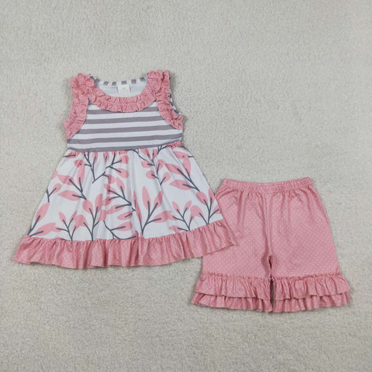 (Promotion)GSSO3745 Flowers Tunic Top Dots Shorts Girls Summer Clothes Set