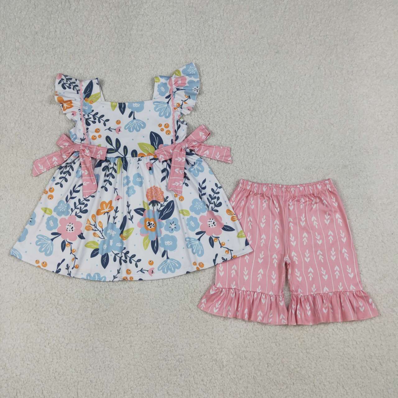 (Promotion)GSSO3746 Flowers Tunic Top Pink Ruffle Shorts Girls Summer Clothes Set