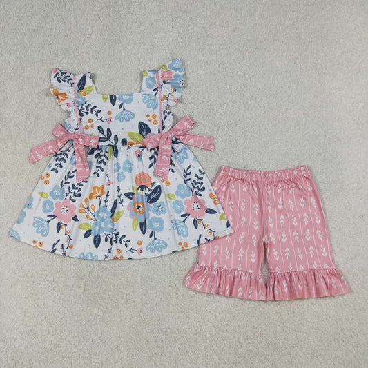(Promotion)GSSO3746 Flowers Tunic Top Pink Ruffle Shorts Girls Summer Clothes Set