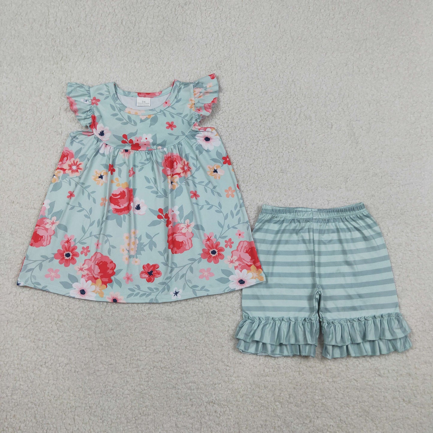 (Promotion)GSSO3748 Flowers Tunic Top Stripes Shorts Girls Summer Clothes Set