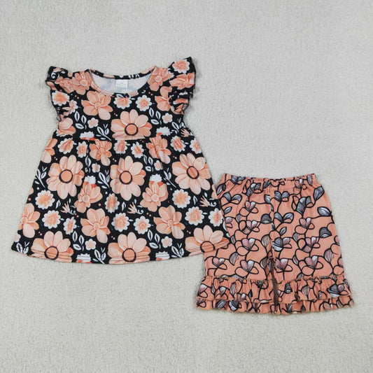 (Promotion)GSSO3750 Flowers Top Ruffle Shorts Girls Summer Clothes Set