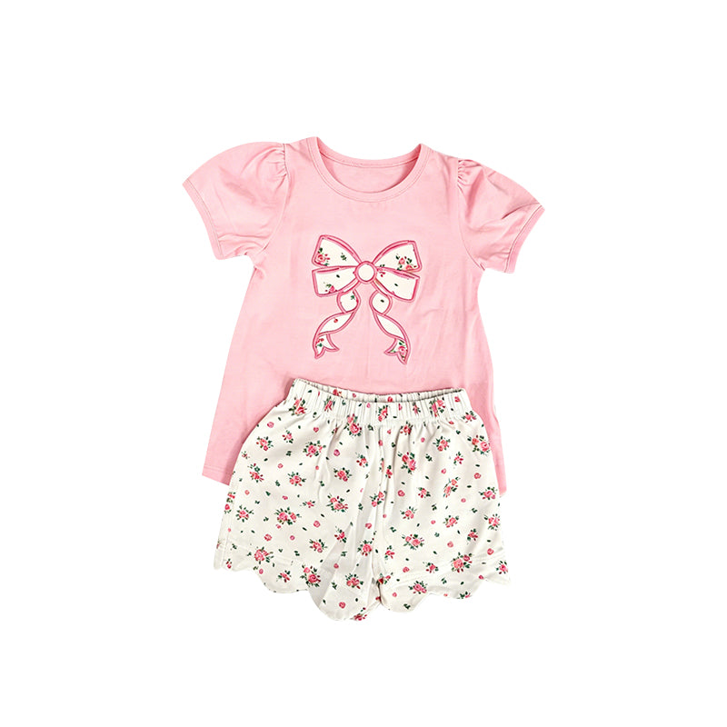 5.6 Toddler Girls Summer Outfit Bow Pink Short Sleeve Top With Floral Shorts Outfit Preorder