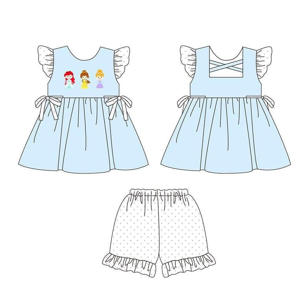 5.8 GSSO3807 Preorder Cartoon Princess Blue Tunic Top Dots Shorts Baby Girls Summer Clothes Set