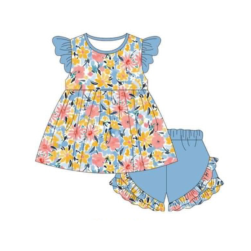 5.8 GSSO3808 Preorder Orange Pink Flowers Tunic Top Ruffle Shorts Baby Girls Summer Clothes Set
