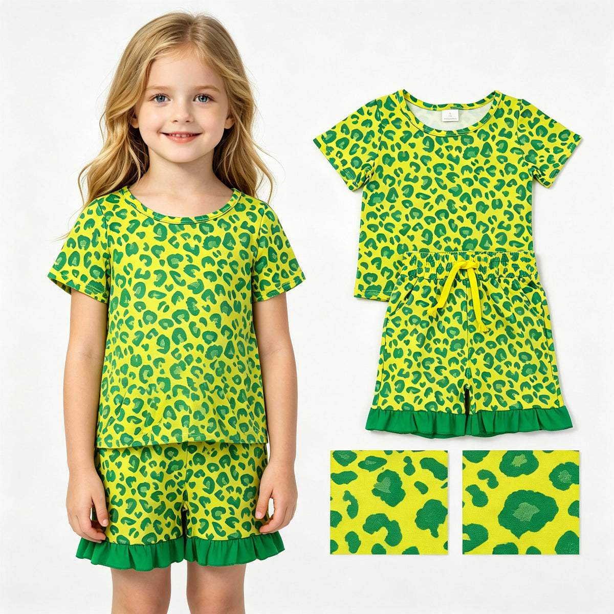Sibling Baby Girls Short Sleeve Colorful Leopard Top Pockets Ruffle Short Clothes Sets