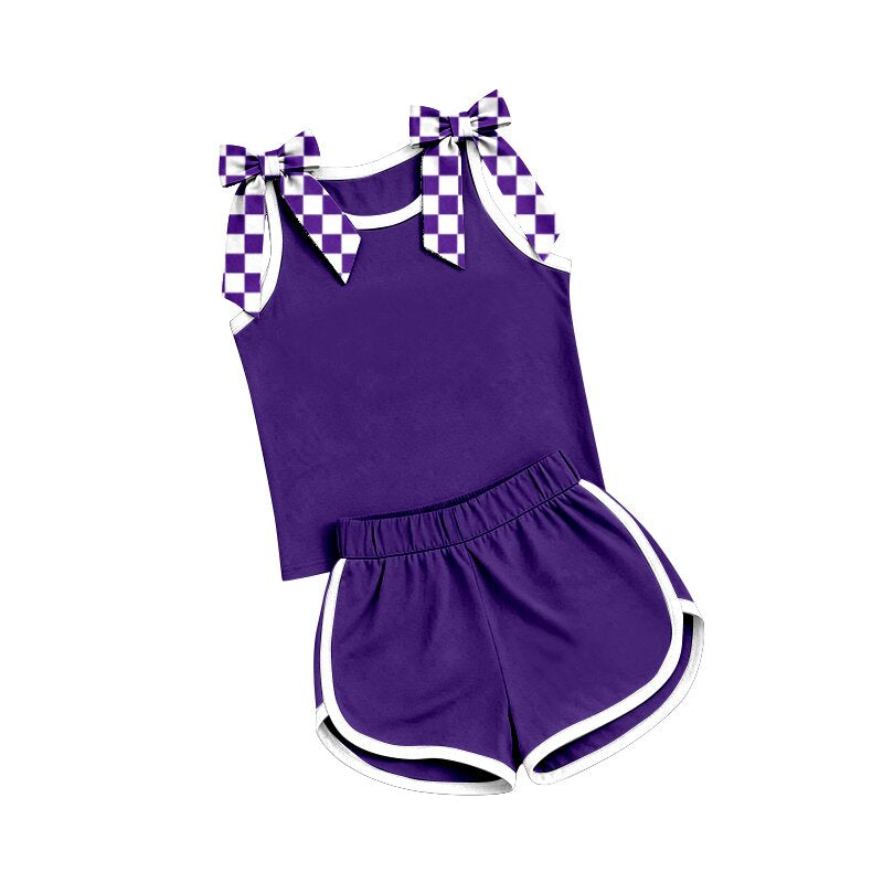 7.2 Preorder Kids Girls Purple Checkerboard Bow Tank & White Trim Shorts Set