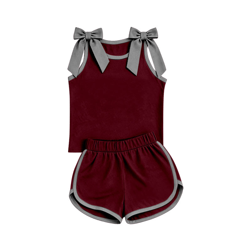 7.4 Preorder Girls Grey Bow Dark Red Strap Tank & Shorts 2 Piece Outfit