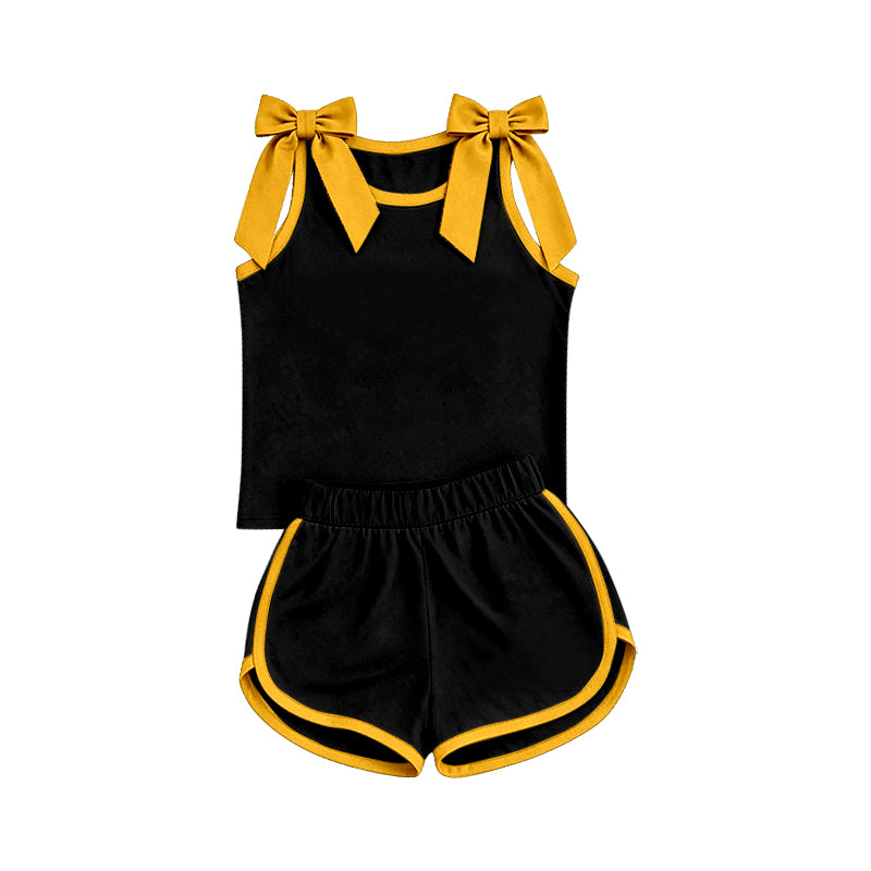 7.4 Preorder Girls Yellow Bow Strap Tank & Black Shorts 2 Piece Outfit