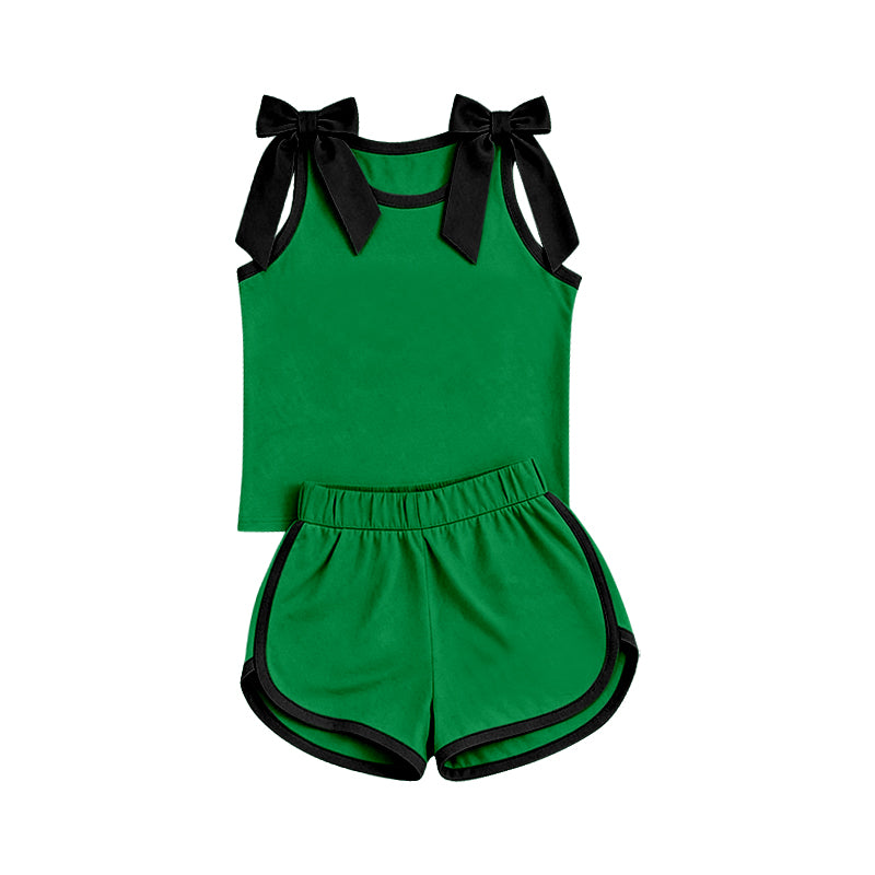 7.4 Preorder Girls Black Bow Strap Tank & Green Shorts 2 Piece Outfit