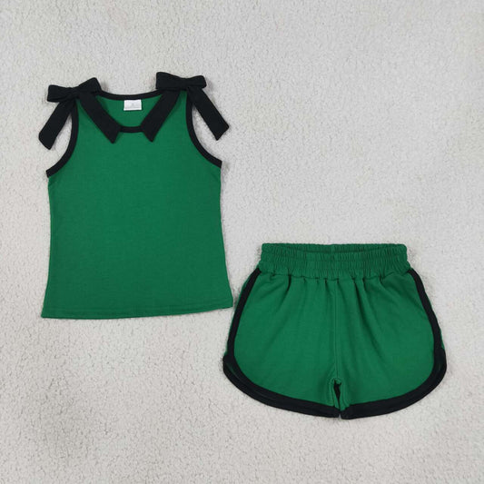 GSSO3825 Teams Black Bow Vest Top Green Pockets Shorts Girls Cotton Summer Clothes Set