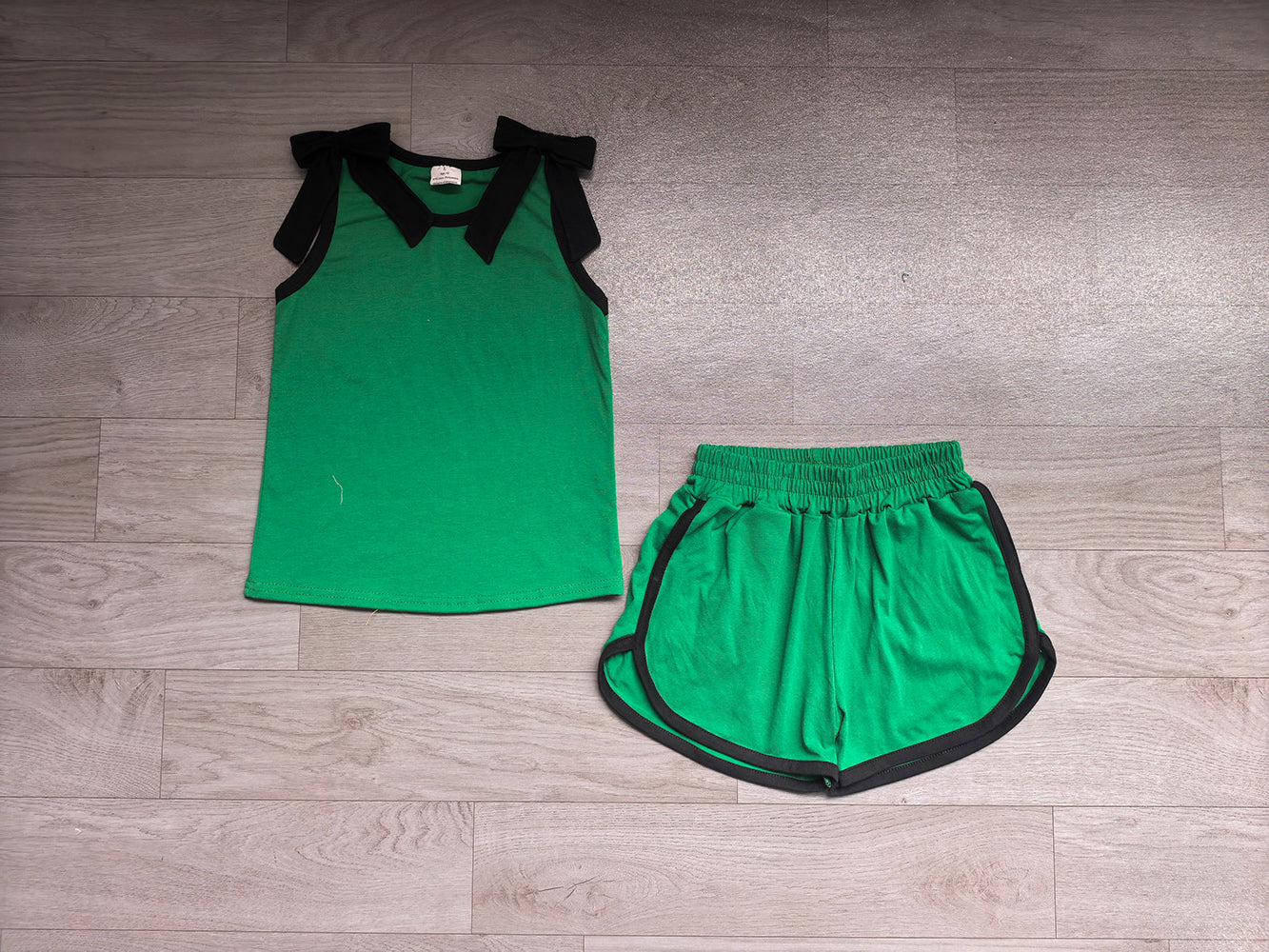 7.4 GSSO3825 Preorder Girls Black Bow Strap Tank & Green Shorts 2 Piece Outfit