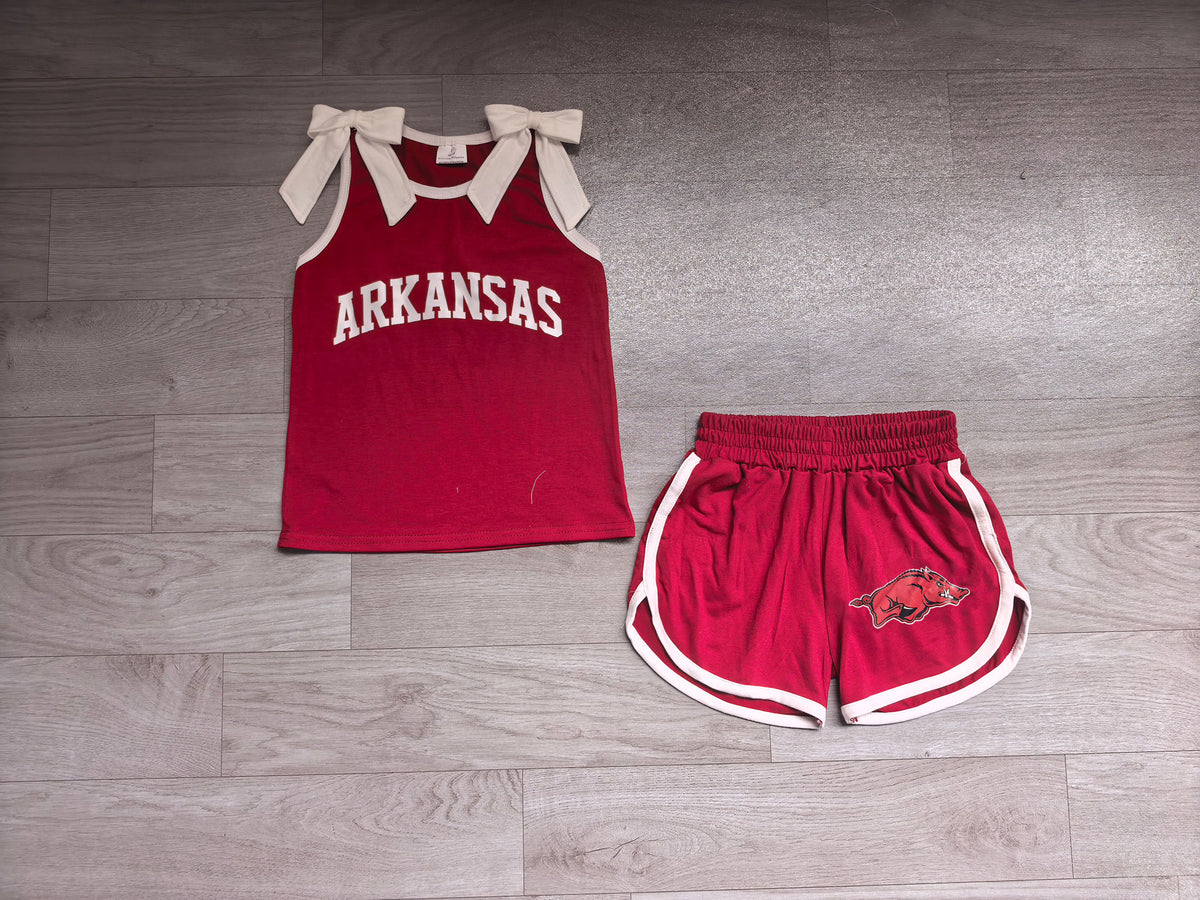 7.4 GSSO3833 Preorder Girls Arkansas White Bow Red Strap Tank & Shorts 2 Piece Vinyl Outfit
