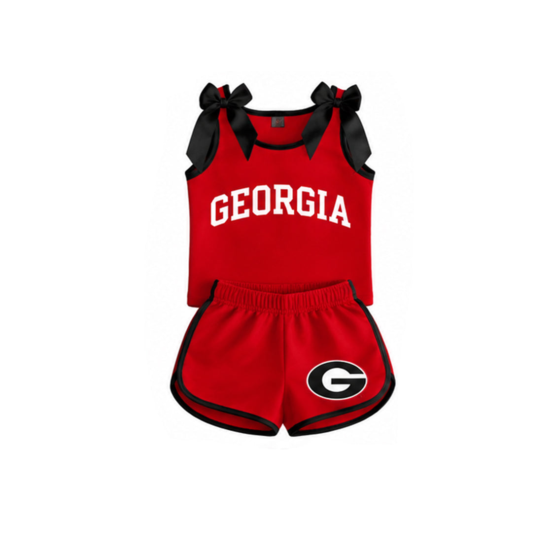 7.4 Preorder Girls Georgis Black Bow Red Strap Tank & Red Shorts 2 Piece Outfit