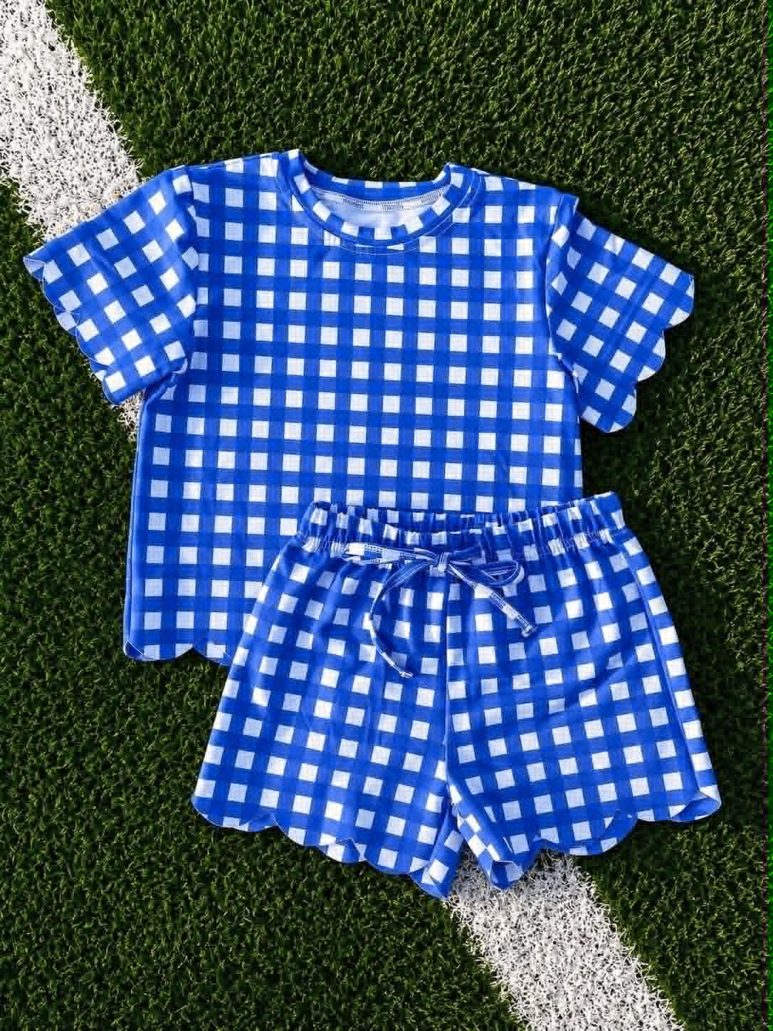 7.6 Preorder Girls Royalblue Gingham Scalloped Shorts Sets