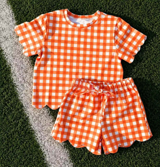 GSSO3839 Preorder Kids Girls Orange Gingham Scalloped Se