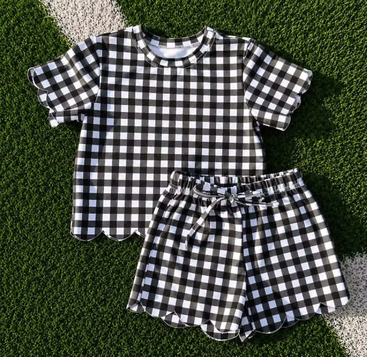 7.6 Preorder Kids Girls Black Gingham Scalloped Set