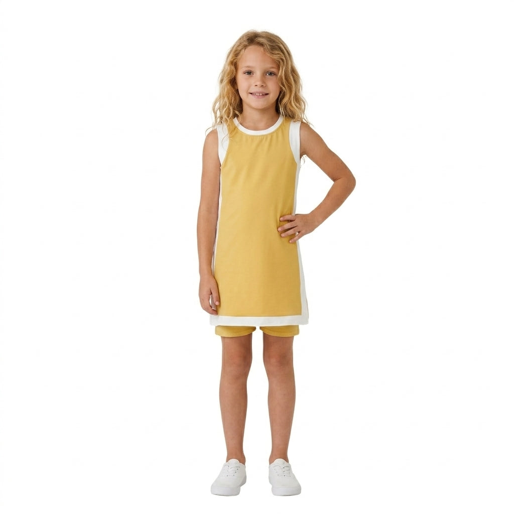 GSSO3846 Yellow With White Active Sleeveless Top Pockets Shorts Girls Yoga Clothes Set