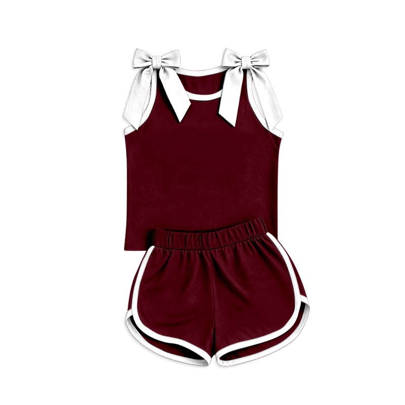 7.28 GSSO3855 Preorder White Bows Wine Cotton Tank Top Shorts Girls Summer Teams Clothes Set