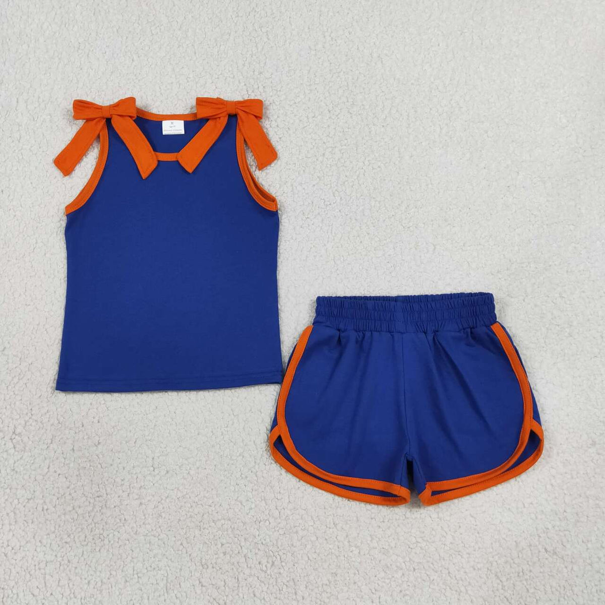 GSSO3857 Teams Orange Bows Vest Top Blue Pockets Shorts Girls Cotton Summer Clothes Set