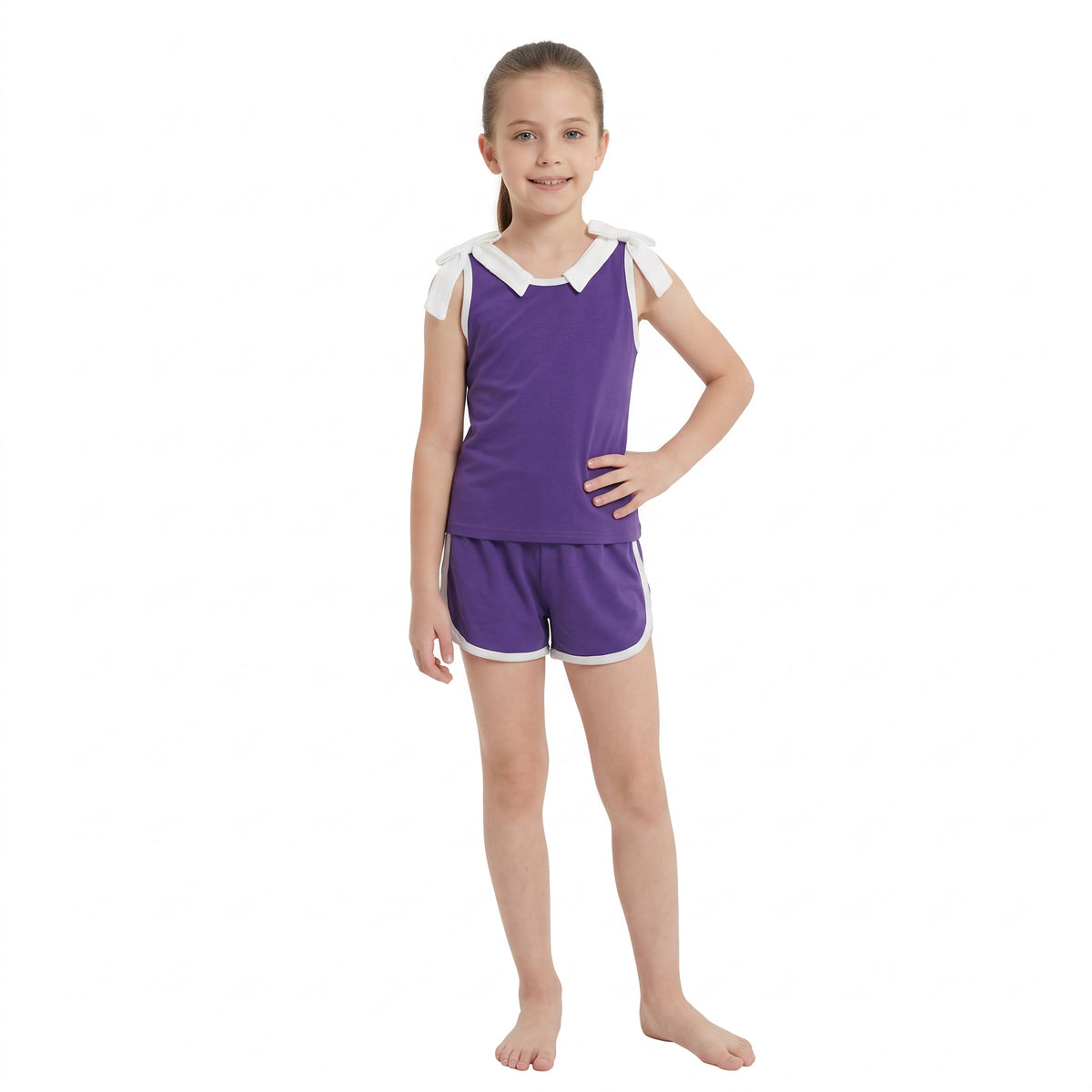 GSSO3858 Teams White Bows Vest Top Purple Pockets Shorts Girls Cotton Summer Clothes Set