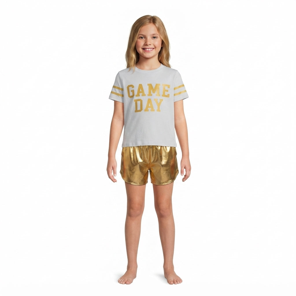 GSSO3869 Teams Game Day Vinyl Yoga Top Golden Pocket Leather Elastic Shorts Girls Outfits